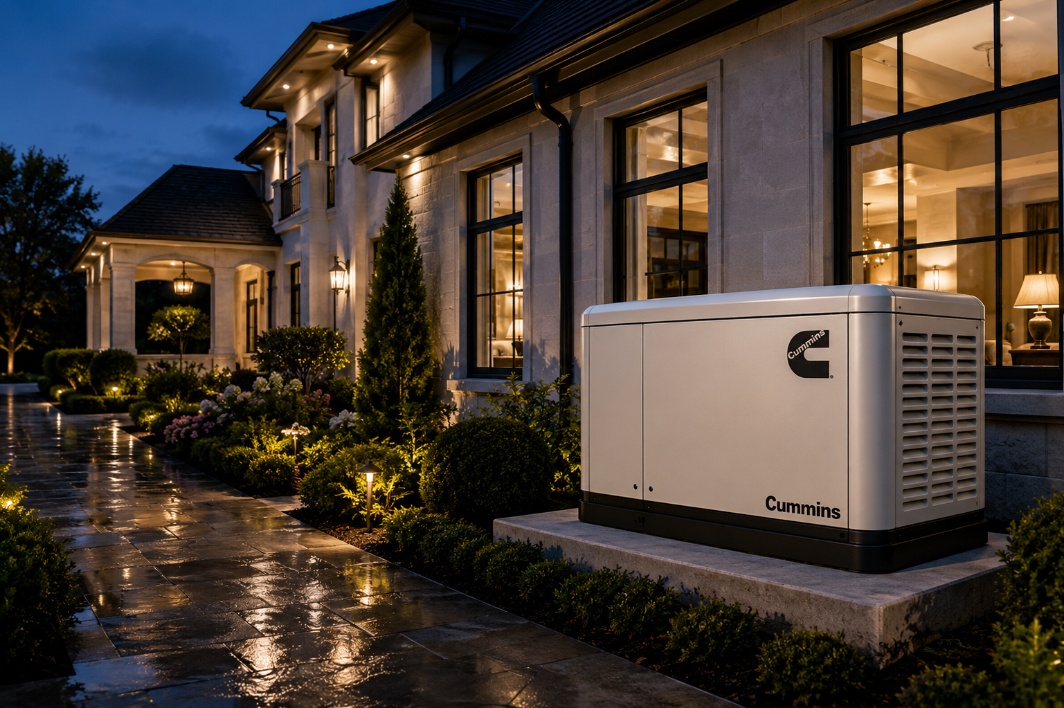 Standby generator beside a large Houston home